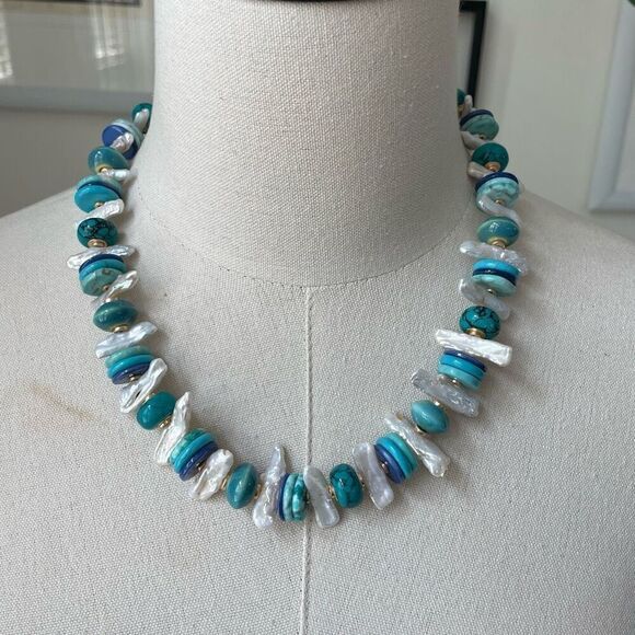 Chico’s Turquoise Mother of Pearl Gold Necklace MSRP$79.50 23.5” - Picture 1 of 5